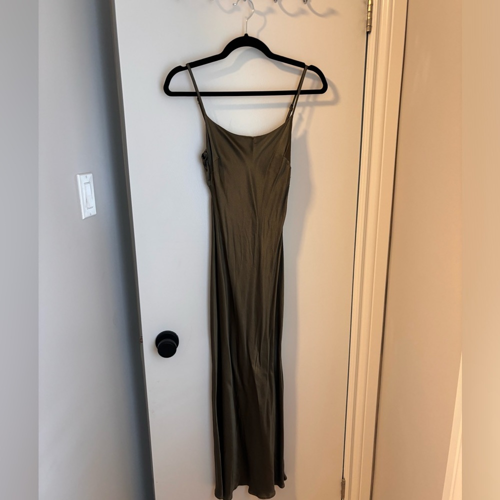 Olive green satin midi dress